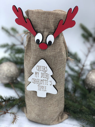 Picture of a personalised reindeer style jute bottle gift bag