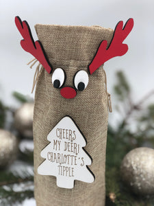 Personalised cute reindeer style jute bottle bag 