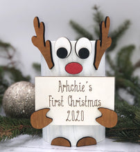 Load image into Gallery viewer, Cute baby&#39;s first Christmas personalised reindeer style decoration