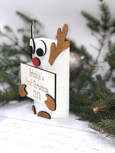Side view of cute personalised reindeer style baby's first Christmas ornament