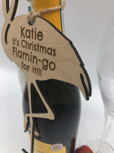 Load image into Gallery viewer, Funny Flamingo Personalised Christmas Bottle Plaque (Natural wood)