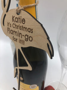 Funny Flamingo Personalised Christmas Bottle Plaque (Natural wood)