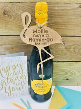 Load image into Gallery viewer, Funny Flamingo Personalised Birthday Bottle Plaque (Natural wood)