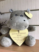 Load image into Gallery viewer, Picture hippo soft toy with yellow personalised wooden hearts
