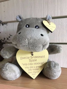 Picture hippo soft toy with yellow personalised wooden hearts