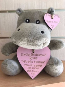 Picture hippo soft toy with pink personalised wooden hearts