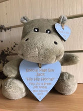 Load image into Gallery viewer, Picture hippo soft toy with blue personalised wooden hearts
