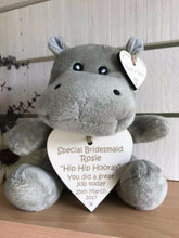 Load image into Gallery viewer, Picture hippo soft toy with cream personalised wooden hearts