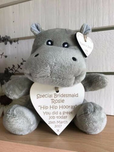 Picture hippo soft toy with cream personalised wooden hearts